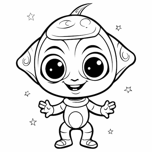 Desenho para colorir Alien Kawaii Chibi preto e branco · Creative Fabrica