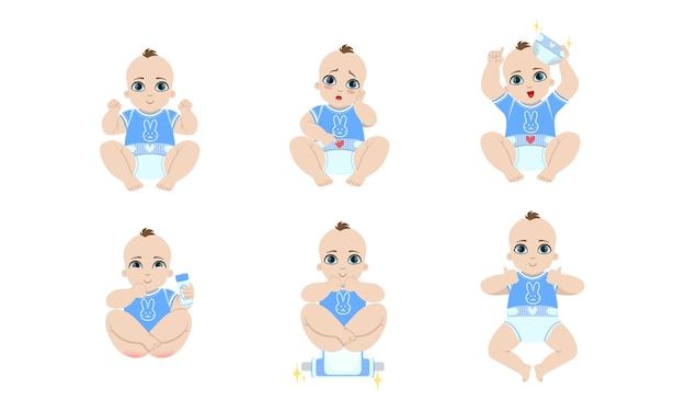 Vetor cute baby daily routine set adorável pequeno bebê em fraldas com diferentes emoções e várias poses ilustração vetorial de cuidados com recém-nascidos em fundo branco