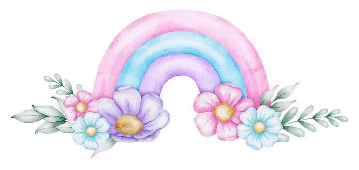 Vetor cute baby pink rainbow flores e folhas ilustração de aquarela isolada para logotipo crianças mercadorias roupas têxteis cartões postais banho de bebê e quarto de criança