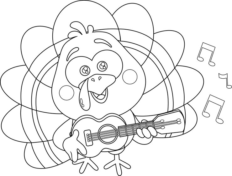 Vetor cute baby turkey bird personagem de desenho animado cantando e tocando guitarra
