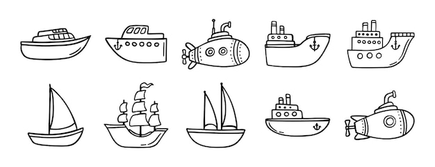 Cute barco doodle ícone desenhado à mão conjunto de contorno desenho navios linha clipart símbolo coleção vetor