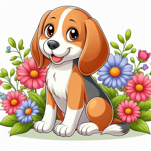 Vetor cute beagle dogs e flower vector ilustração de desenho animado