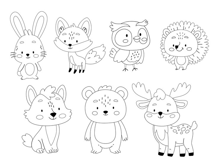 Vetor cute bebê da floresta animal vetor conjunto em estilo linear livro de colorir