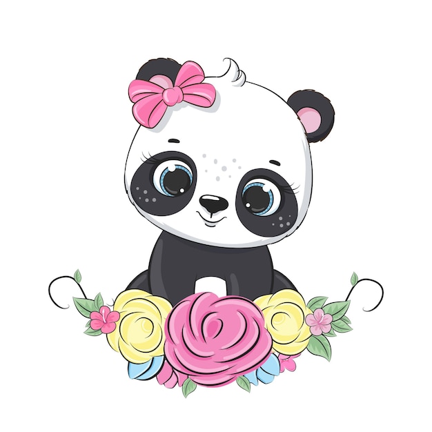 Cute bebê panda com coroa de flores Ilustração vetorial
