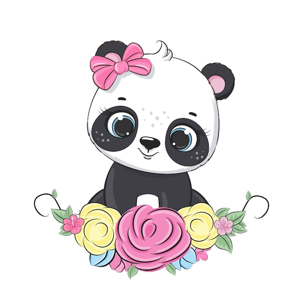 Vetor cute bebê panda com coroa de flores ilustração vetorial