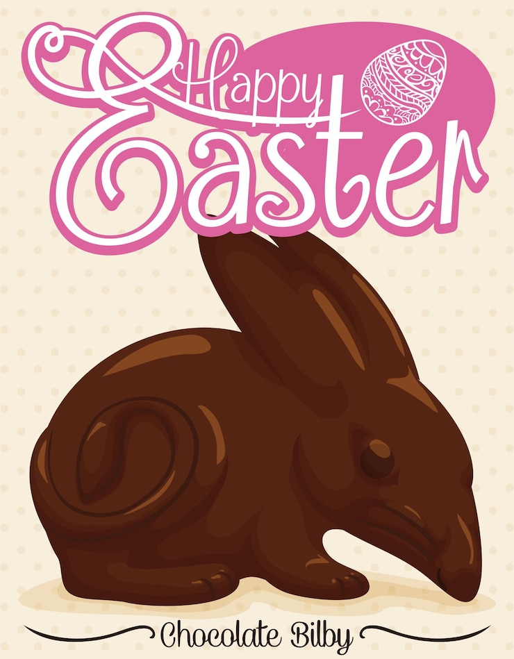 Vetor cute bilby de chocolate e sinal de saudação rosa com ovo decorado para a temporada de páscoa australiana