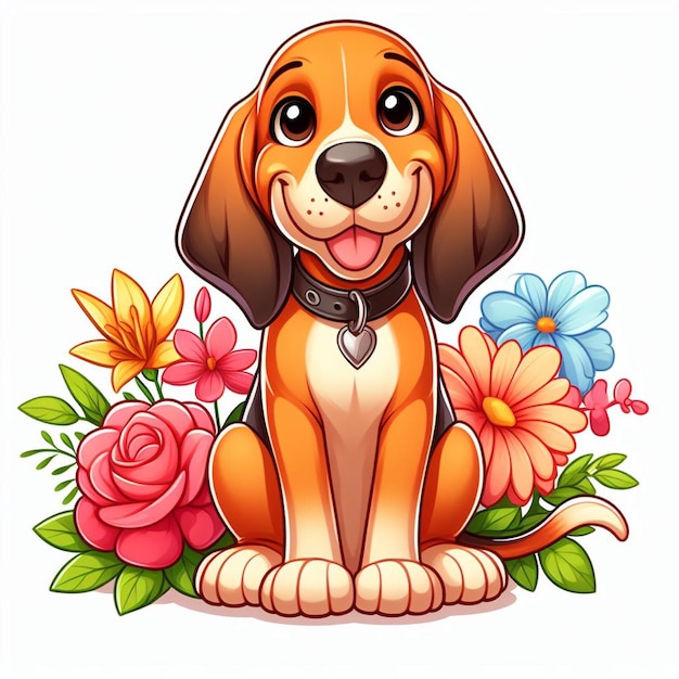Cute bloodhound dog and flowers ilustração de desenho animado vetorial