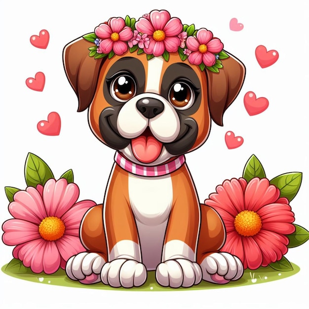 Vetor cute boxer dog and flowers ilustração de desenho animado vetorial