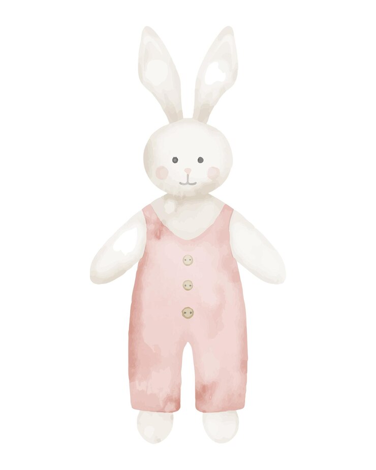 Vetor cute bunny toy ilustração de aquarela em pano rosa desenho desenhado à mão para jogo de lazer infantil esboço para cartões de saudação ou convites para banho de bebê em fundo isolado coelho ou lebre para menina