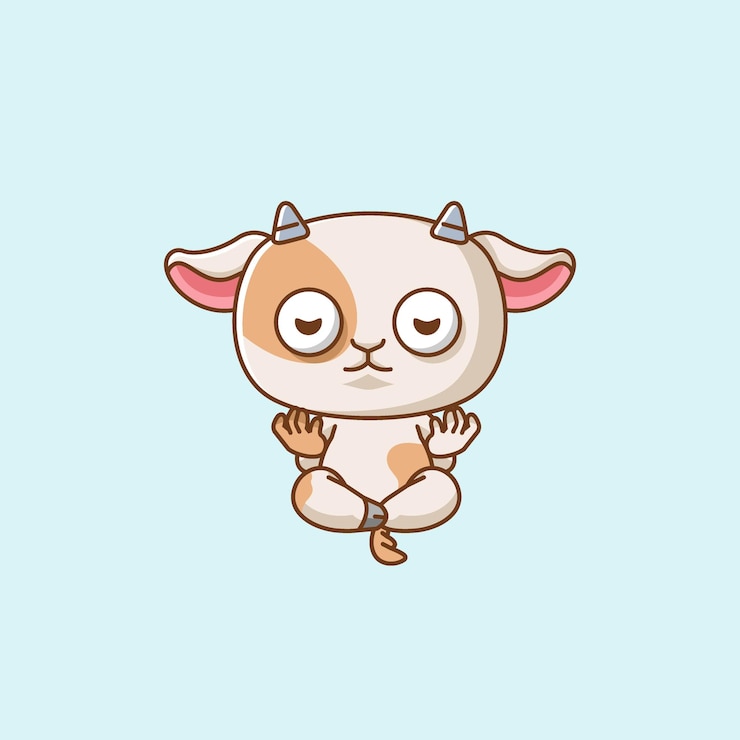 Vetor cute cabra meditação ioga kawaii chibi personagem mascote ilustração esboço estilo de design