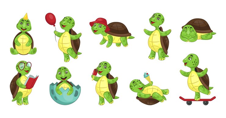 Vetor cute caminhando tartaruga tartaruga atividades feliz biologia vida selvagem zoológico verde animais em diferentes poses quadrinhos de natureza réptil mascote personagem feliz vetor desenho animado isolado ilustração
