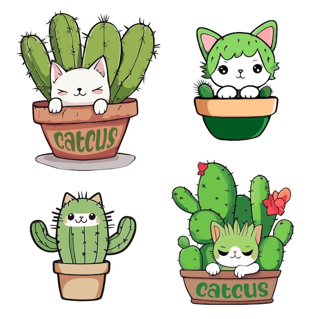 Cute Cartoon Catcus Cactus Cat Conjunto de ilustrações vetoriais