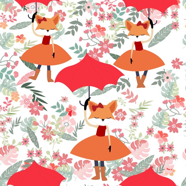 Cute cartoon fox lady in spring flower seamless pattern