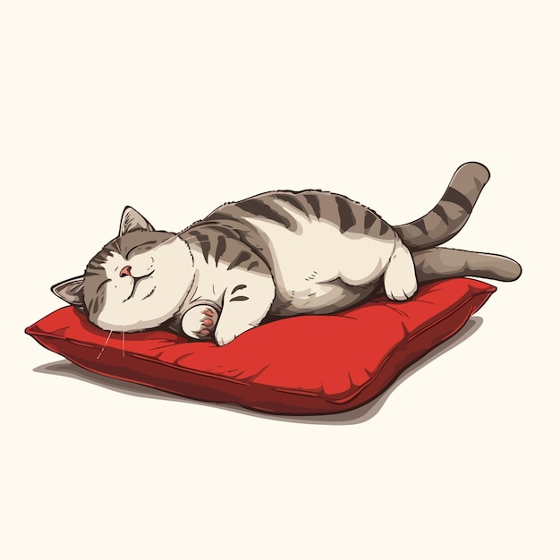 Vetor cute_cartoon_sleepinga_fat_cat_lies_on_a_red_pw