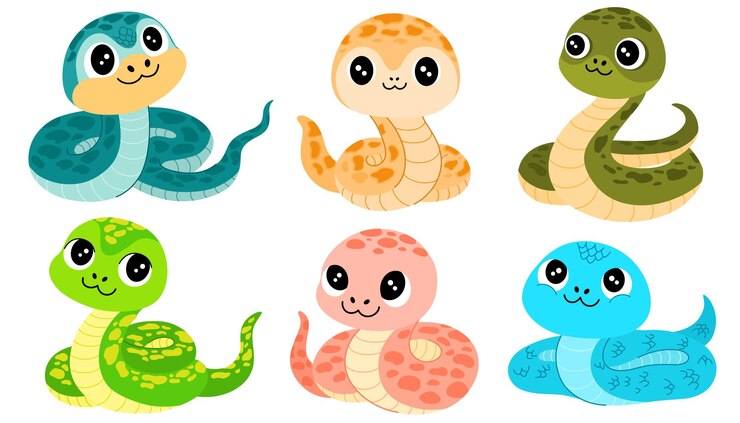 Vetor cute cartoon snakes collection serpente engraçada feliz com manchas em ilustrações vetoriais de pele
