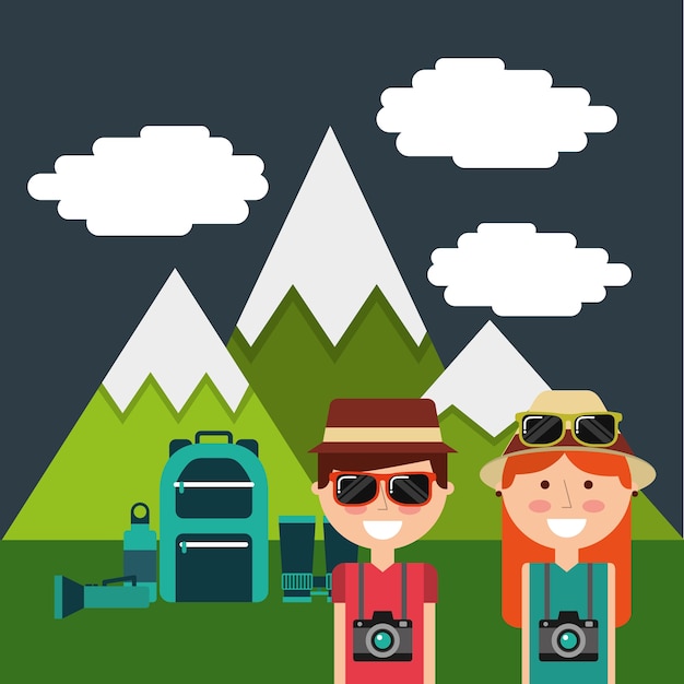 Cute casal turistas férias montanhas mochila