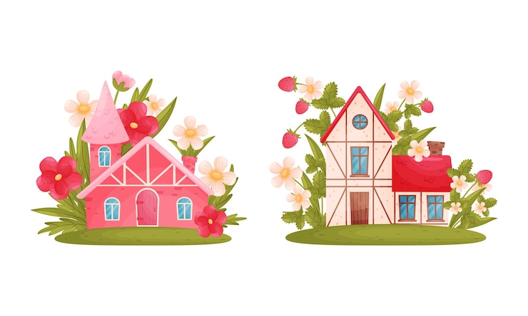 Vetor cute casas fabulosas entre flores de verão definir pequena casa de gnome ou elfo vetor de desenho animado