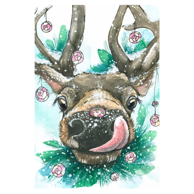 Cute cervo com doces pirulitos na neve com ramos de abeto aquarela ilustração de inverno para o