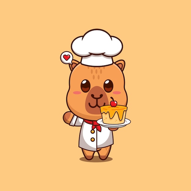 Cute chef capybara com ilustração vetorial de desenho animado de bolo
