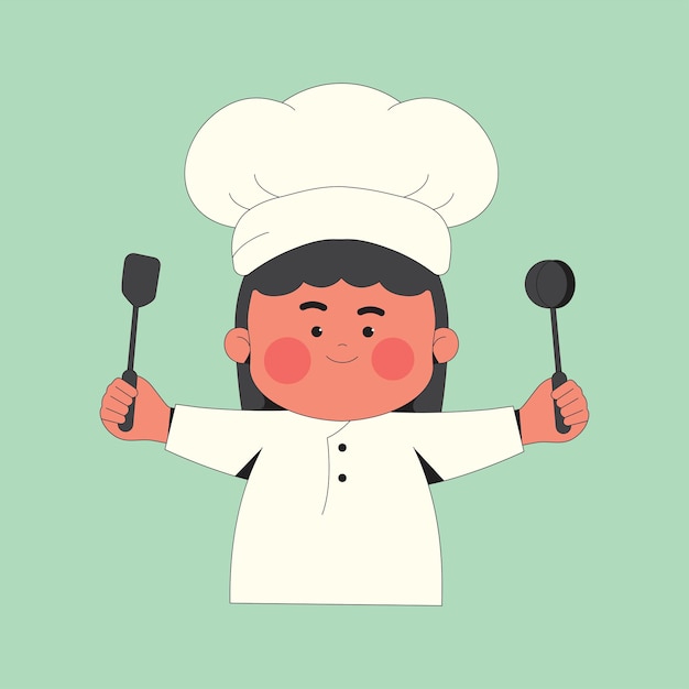 Cute Chef Girl segurando utensílios de cozinha Ilustração de desenho animado