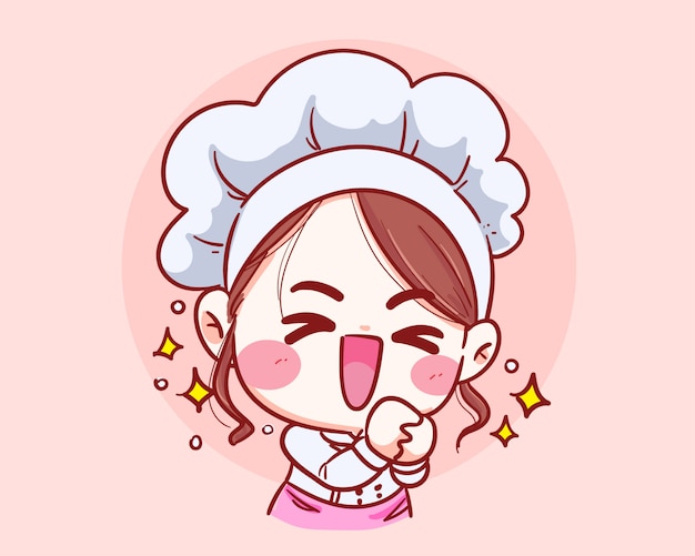 Cute chef girl smiling fun thank you cartoon ilustração de arte