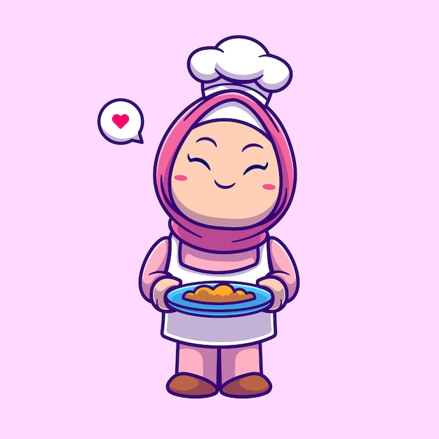 Cute chef menina cozinhar arroz hijab desenhos animados ícone ilustração ícone da moda pessoas ícone da moda isolado plano