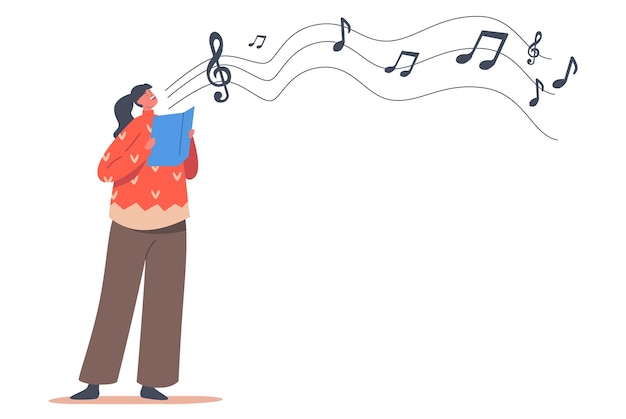 Cute Child Caroling, Happy Kid Character usar malha camisola cantando canções de Natal isoladas no fundo branco. Menina canta com livro. Canções de Natal de coro festivo tradicionais. Ilustração em vetor desenho animado