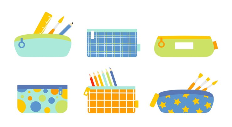 Vetor cute colorido escola caixas de lápis conjunto de desenho animado ilustrações planas papelaria materiais de desenho