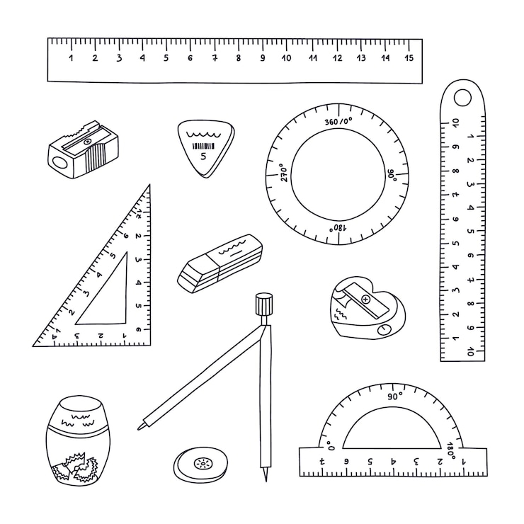 Vetor cute conjunto de doodle de volta para a escola papelaria clipart coleção de longo círculo triângulo governantes protractor bússola borradores afiadores suprimentos escolares para estudo e trabalho com contorno desenhado à mão