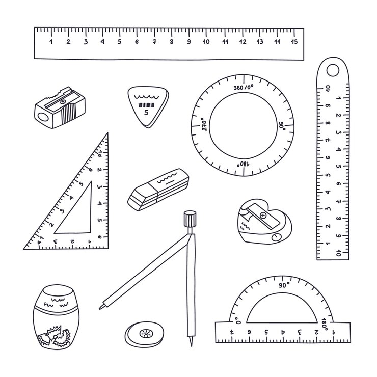 Vetor cute conjunto de doodle de volta para a escola papelaria clipart coleção de longo círculo triângulo governantes protractor bússola borradores afiadores suprimentos escolares para estudo e trabalho com contorno desenhado à mão