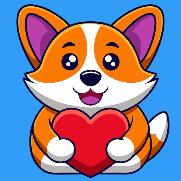 Cute Corgi Dog Holding Heart Icon de desenho animado vetorial Ilustração Animal Nature Icon Concept Isolado Premium Vector Flat Cartoon Style
