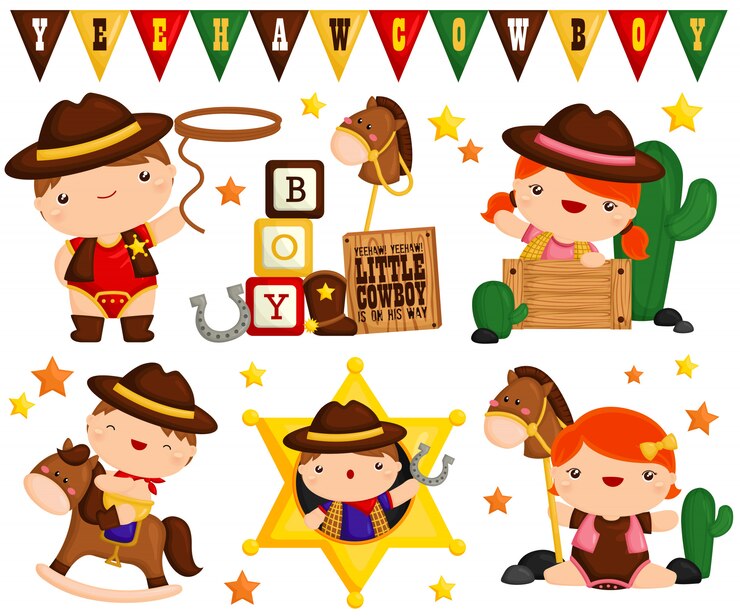 Cute Cowboy Baby Vector Set