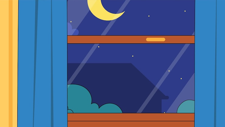 Vetor cute crianças sala de vista de janela de madeira para o céu nublado à noite com lua e estrelas interior de criança
