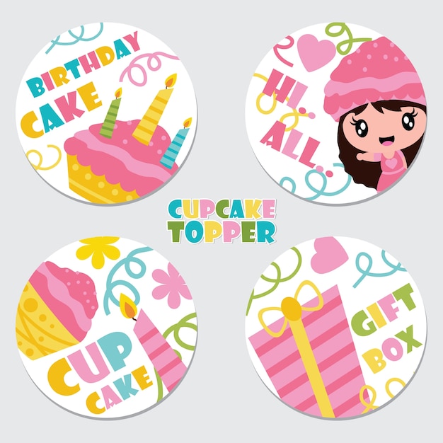 Cute cupcake girl, bolo, vela e caixa de presente para birthday