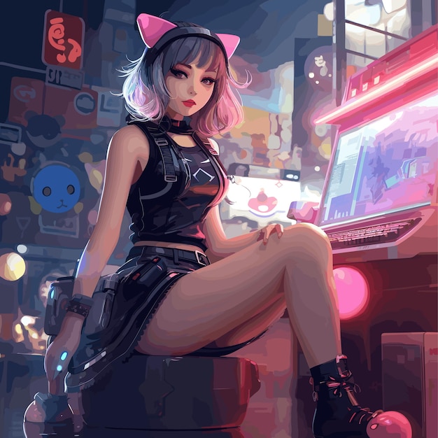 Vetor cute_cyber_girl_in_tank_top_skirt