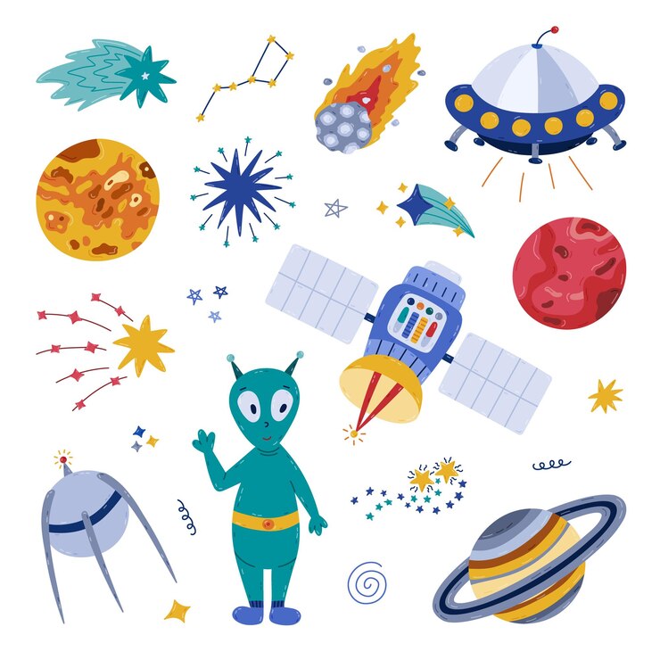 Vetor cute desenho animado espaço e astronomia definido com amigável alienígena disco voador satélite planeta marte big dipper símbolos infantis da galáxia coleção de cliparts desenhados à mão isolados em fundo branco