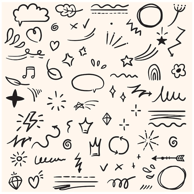 Cute Doodle elementos de linha de caneta com estilo de ilustração doodle e arte de linha