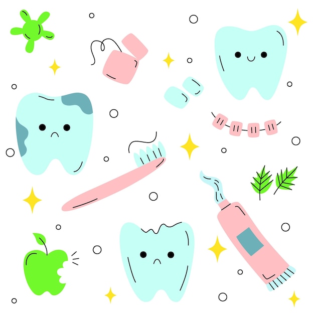 Vetor cute doodle set dentes e escova de dentes pasta de dentes fio dental dentes personagens com diferentes emoções sorrindo e triste mascote para higiene bucal tratamento dental