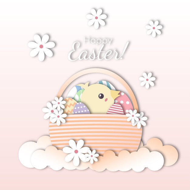 Vetor cute easter vector isolado cestinha com easter ovos coloridos e bonito efeito de corte de papel galinha amarelo