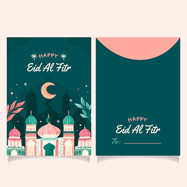 Vetor cute eid al fitr envelope card design template em estilo aquarela