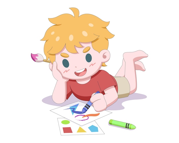 Cute estilo propenso criança fazendo arte feliz ilustração de desenho animado