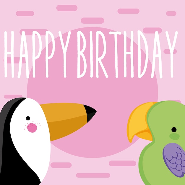 Cute, fauna, pássaros, feliz aniversário, cartão, cute, caricatura