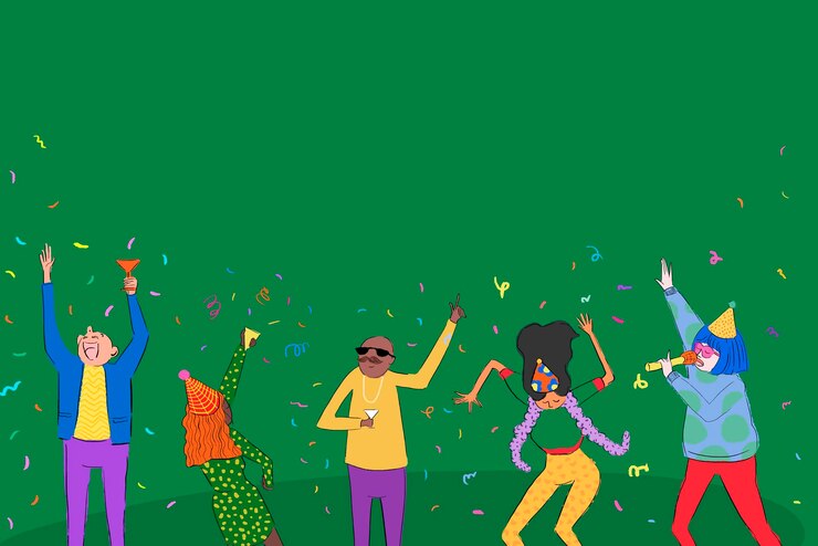 Vetor cute festa fronteira fundo verde dançando desenhos animados desenho ilustração vetor