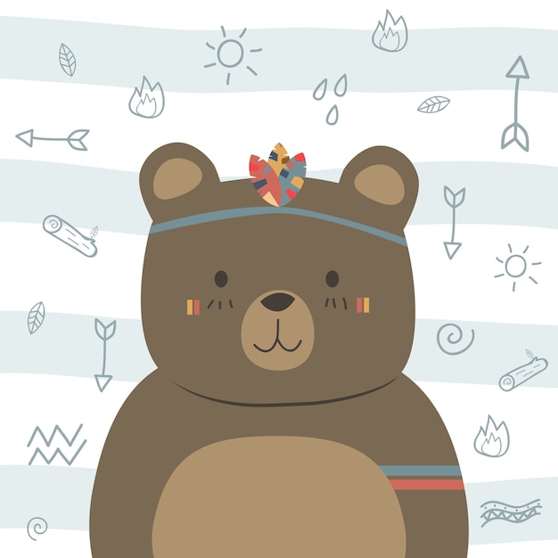 Cute funny brown teddy bear doodle de desenho tribal de boho