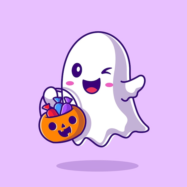Cute Ghost Holding Candy Basket Abóbora Cartoon Illustration. Estilo Flat Cartoon
