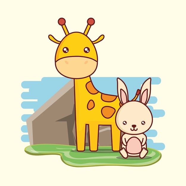 Cute girafa e coelho sobre paisagem e fundo branco