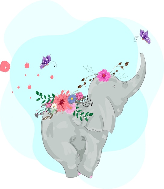 Cute girl elephant in a cartoon drawn flowers