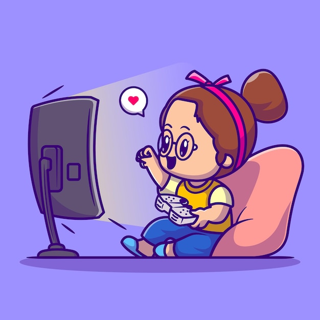 Cute girl playing game vector icon ilustração. conceito de ícone de tecnologia de pessoas isolado vetor premium. estilo flat cartoon