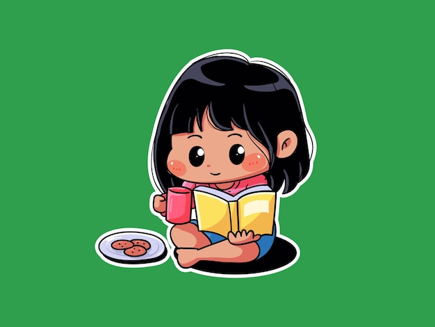 Vetor cute girl relax eat cookie and read book manga illustration