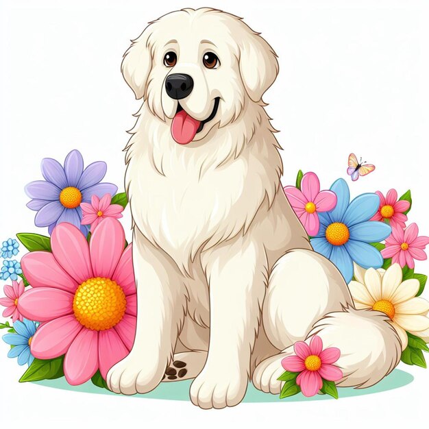 Vetor cute great pyrenees dog and flowers ilustração de desenho animado vetorial